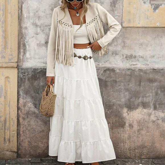 beige Casual Women's Fringe Trim Open Front Jacket - Picture 7 of 8